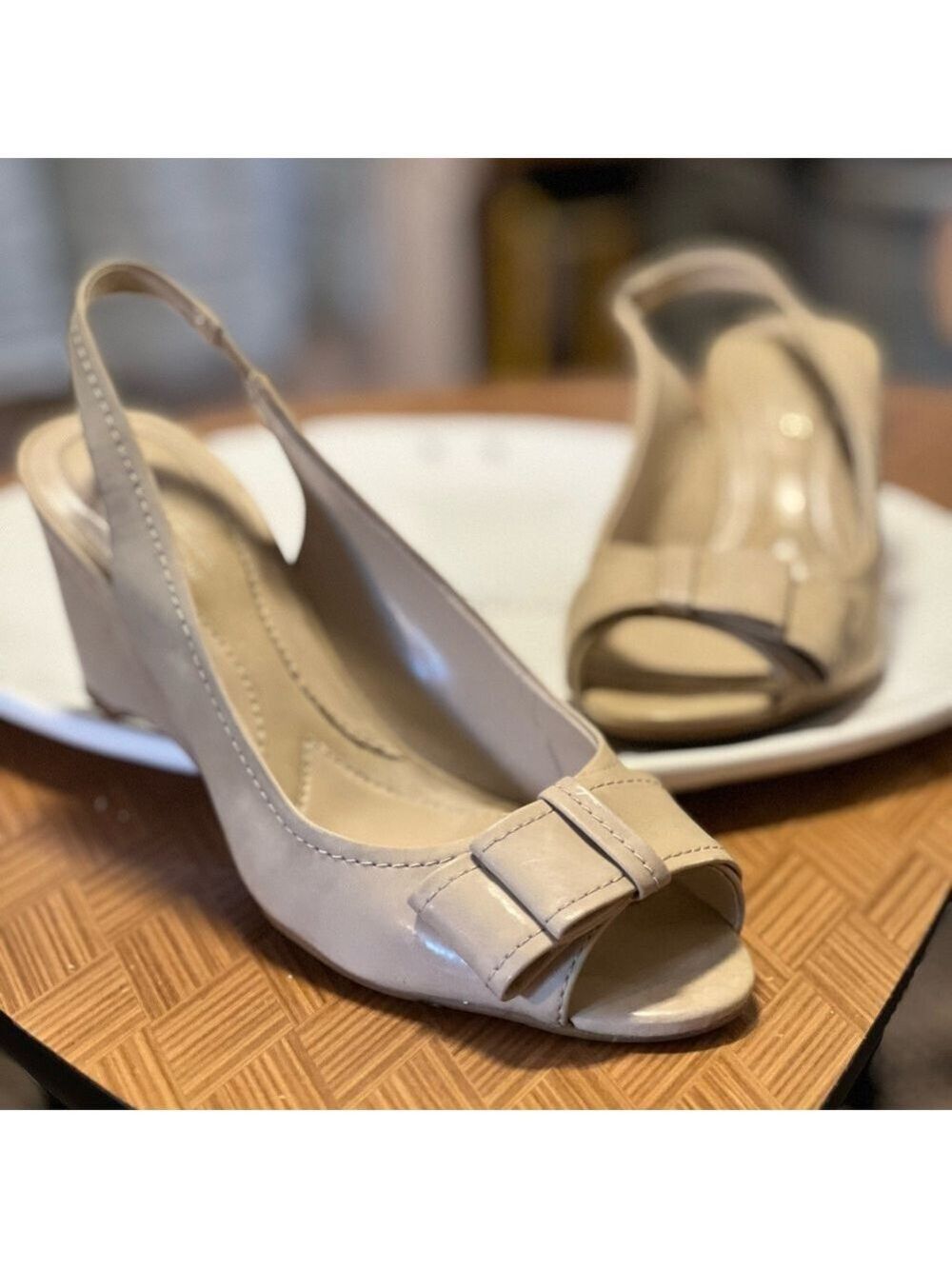 Naturalizer Beige Slingback Wedges with Bow (Suede)